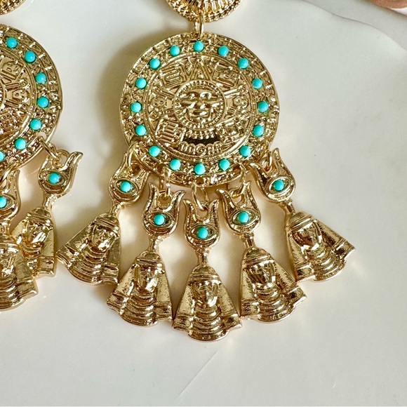 2/$30🌵 Blue Stone Gold Pharoah Egyptian Earrings Tribal Jewelry Gift Boho NEW - Picture 5 of 12